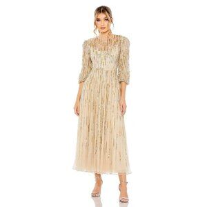 Mac Duggal Size 12 Beige 93889 Beaded Sequin High Neck Midi Cocktail Dress New